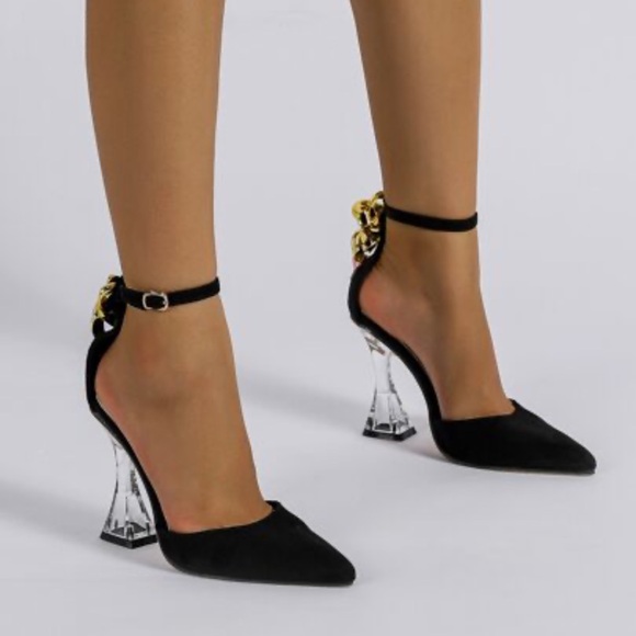 Women’s Black Dorsay Clear Ankle Strap Heels - Picture 2 of 6